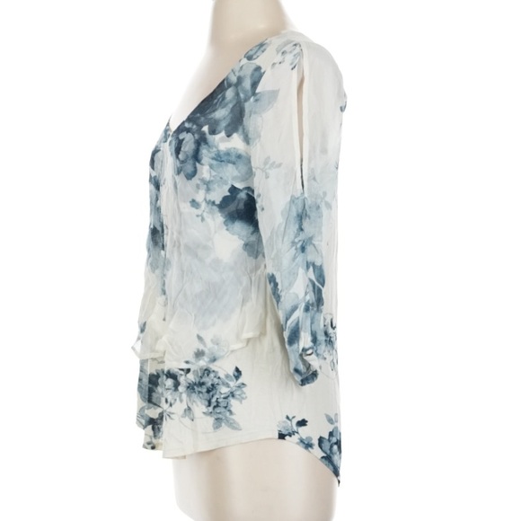 Lucky Brand White & Blue Floral Printed Gauzy Cotton Cold Shoulder Peasant Top - Picture 3 of 5